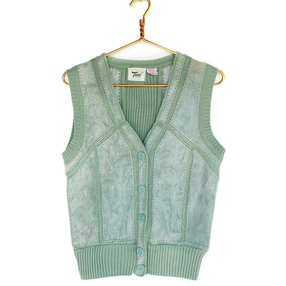 Vtg Leather Patchwork Vest in sage green Womens size M - Picture 6 of 6